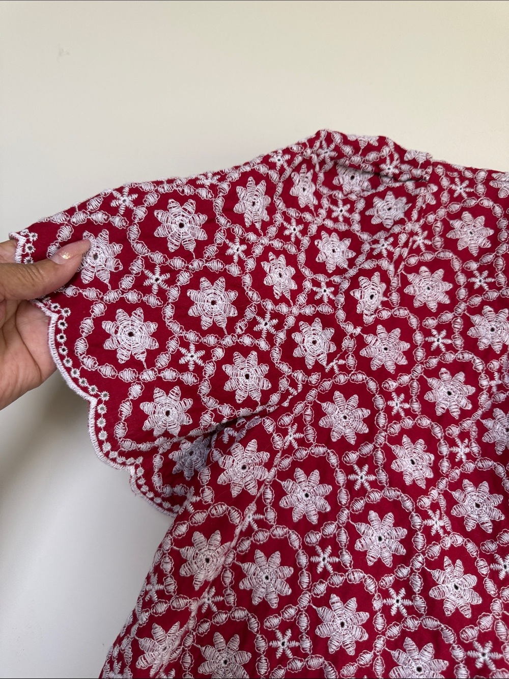 LOFT Red and White Floral Eyelet Short Sleeve Blouse - Picture 4 of 8